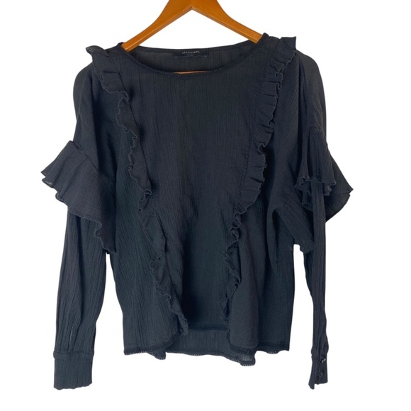 ALLSAINTS Isa Ruffled Long Sleeve Top Blouse in Black Size S - Picture 2 of 7